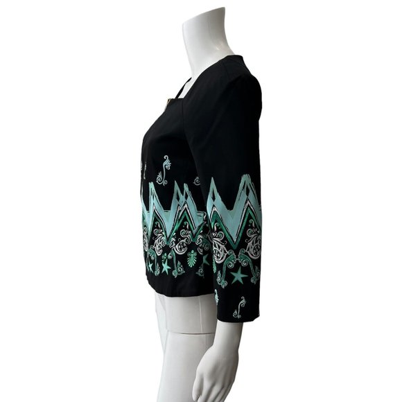 Versace Collection Black Teal Geometric 3/4 Sleeve Peplum Blouse Jacket sz 46/10 - Picture 3 of 9